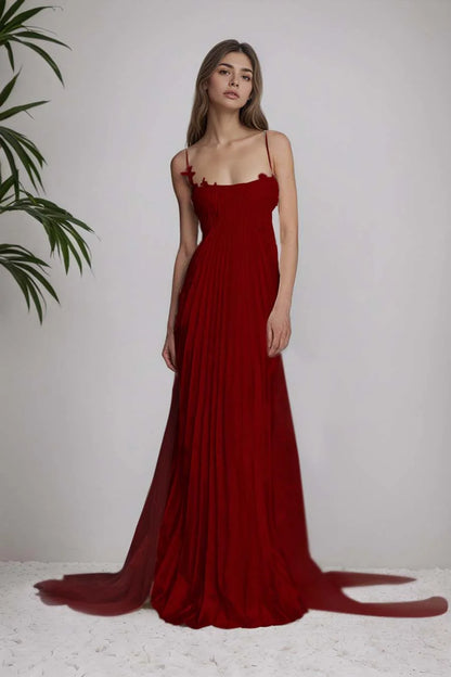 Stunning Spaghetti-Straps Pleated Sheath Appliques Prom Dress With Detachable Train
