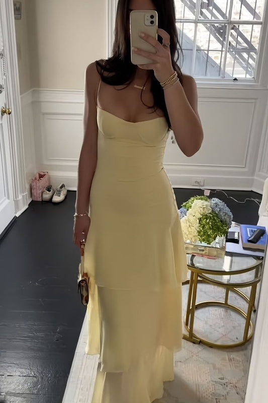 Simple Yellow Spaghetti Straps Scoop Layered Sleeveless Long Prom Dress
