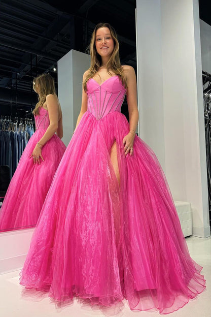 A-Line Sweetheart Pink Organza Long Prom Dress with Beading