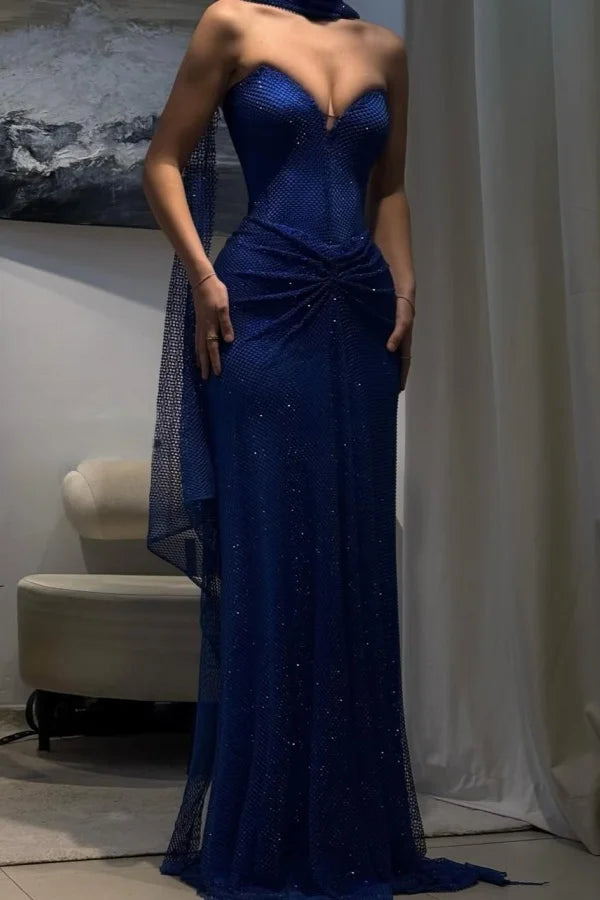 Dark Blue Sweetheart Sheath Strapless Prom Dress