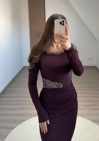 Simple Long Sleeves Scoop Empire-Waist Evening Dress