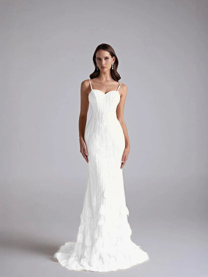 Spaghetti Straps Sleeveless Long Mermaid Prom Dress With Petals And Sequins