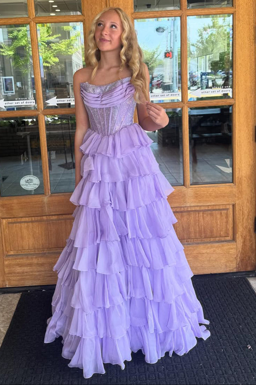 Gorgeous A Line Scoop Neck Lavender Tiered Chiffon Prom Dress
