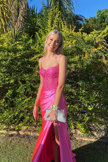 Charming Mermaid Sweetheart Pink Satin Prom Dress with Slit