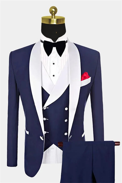 One Button Navy Blue Fashion Slim Fit Three Pieces White Shawl Lapel