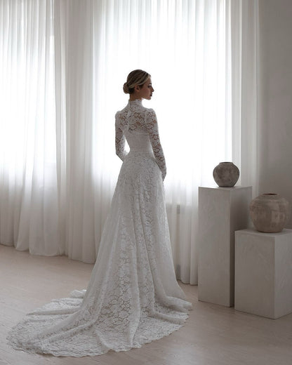 Long Sleeves White High Neck Lace Mermaid Wedding Dress
