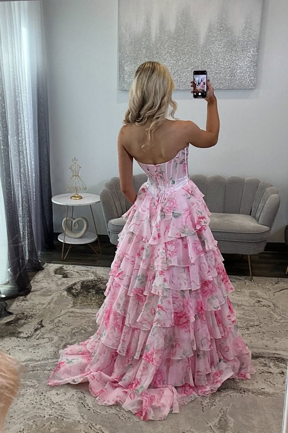 Gorgeous A Line Sweetheart Floral Chiffon Tiered Prom Dress with Appliques