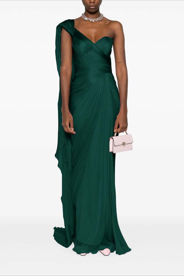 Asymmetric Neck One Shoulder Sleeveless Long Pleated Mermaid Prom Dress With Ruffles