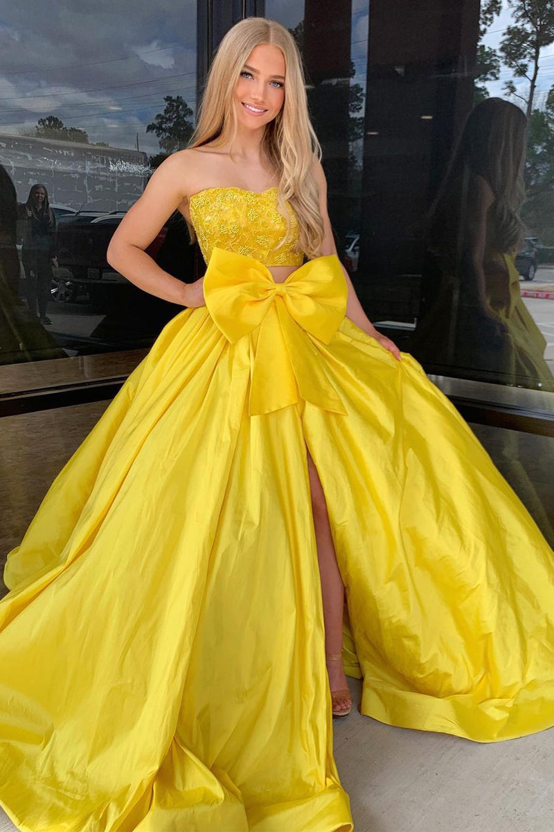 Two Piece Strapless Yellow Satin Long Prom Dress