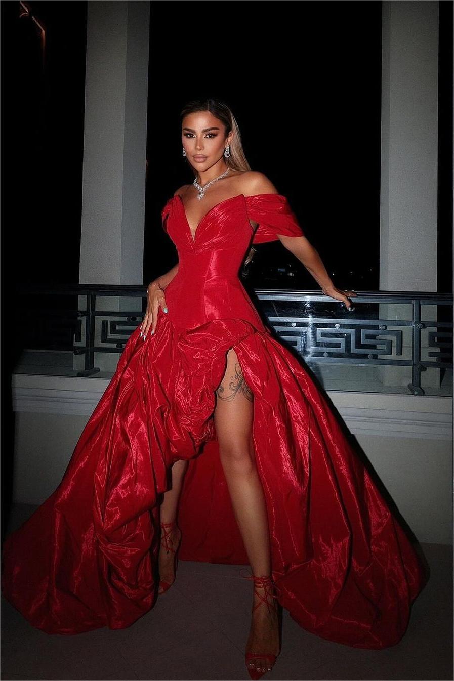Red Off the Shoulder V Neck A Line Long Split Prom Dress With Ruffles