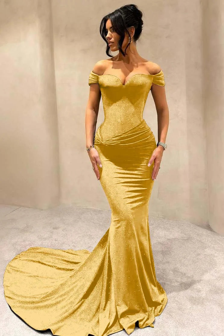 Chocolate Off-The-Shoulder Mermaid Prom Dress With Glitter