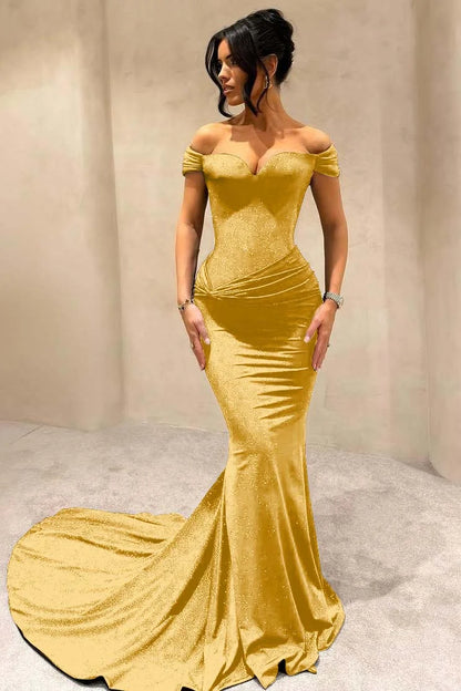 Chocolate Off-The-Shoulder Mermaid Prom Dress With Glitter