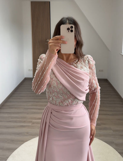 Long Sleeves One Shoulder Ruched Evening Dress