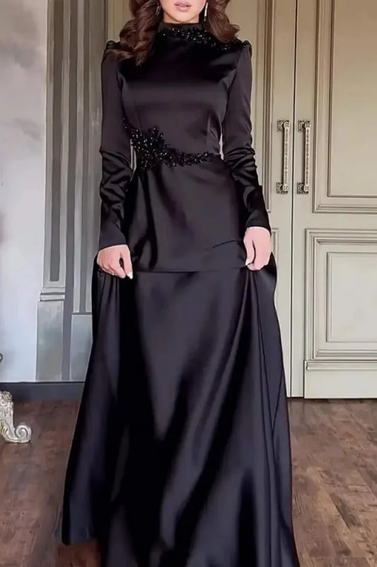 Mock Neck Long Sleeve Flower Patchwork Party Maxi Dresses-Black