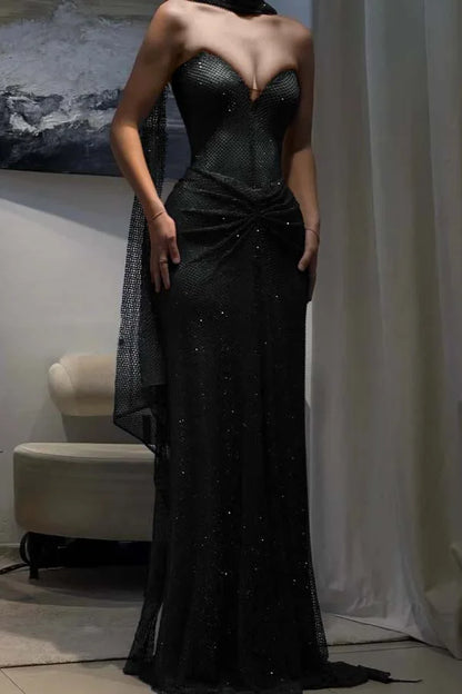 Dark Blue Sweetheart Sheath Strapless Prom Dress