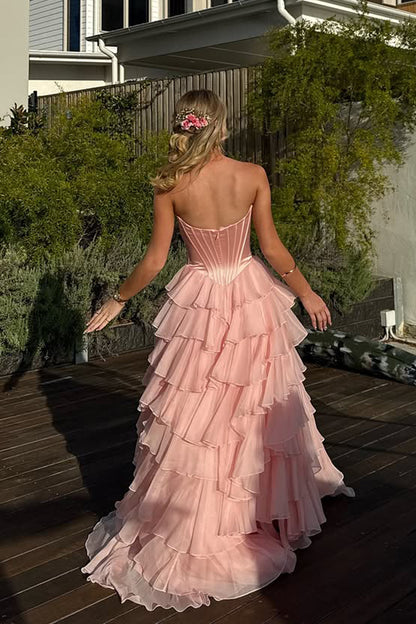 Cute A Line Sweetheart Blush Pink Tiered Chiffon Prom Dress