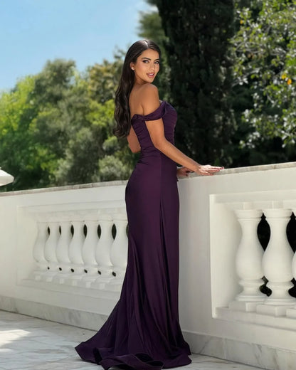 Grape Pleated Off-The-Shoulder Split Prom Dress ZT0743