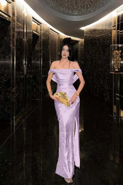 Champagne Solid Sequins Split Prom Dress