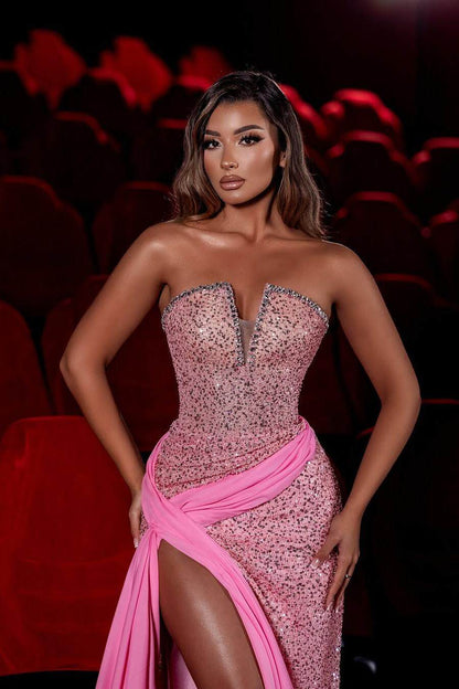 Sequined Sleeveless Strapless Long Mermaid Evening Formal Dress With Split