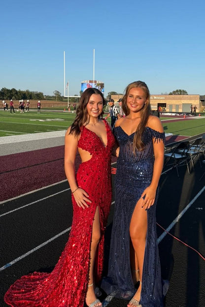 Gorgeous Mermaid V Neck Red Sequins Beading Long Prom Dress with Slit