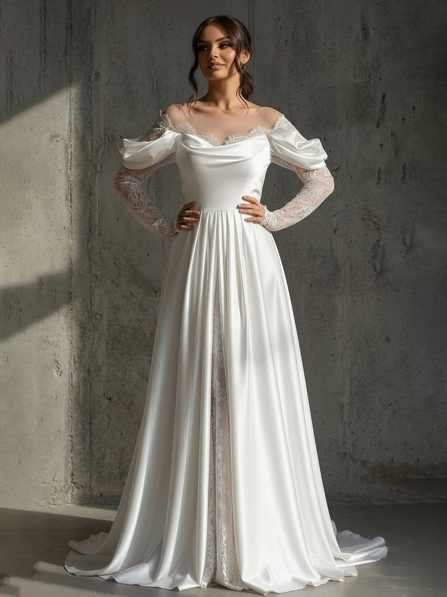 Mermaid Off-the-Shoulder Satin Lace Wedding Dress with Slit