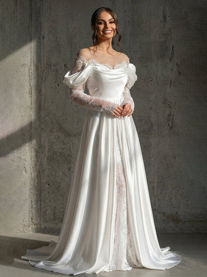 Mermaid Off-the-Shoulder Satin Lace Wedding Dress with Slit
