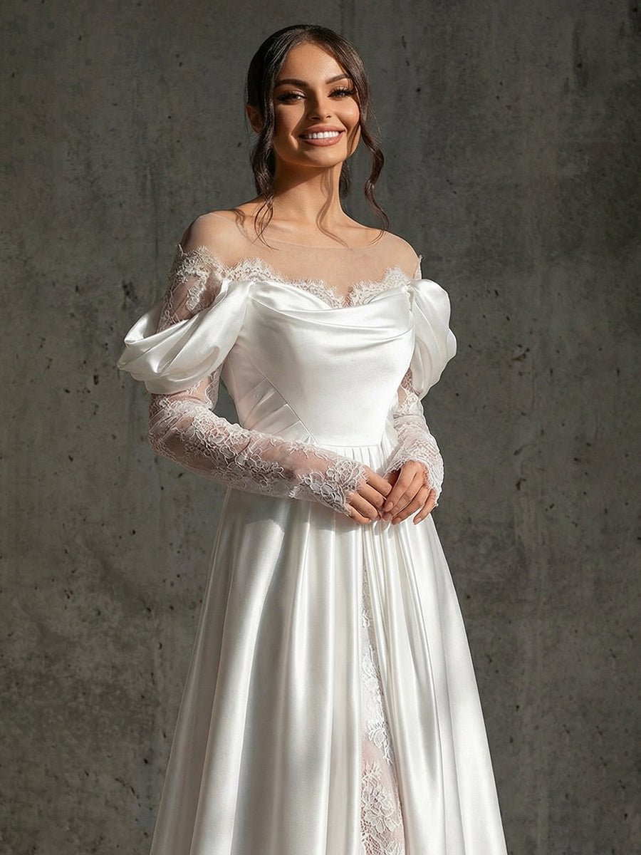 Mermaid Off-the-Shoulder Satin Lace Wedding Dress with Slit