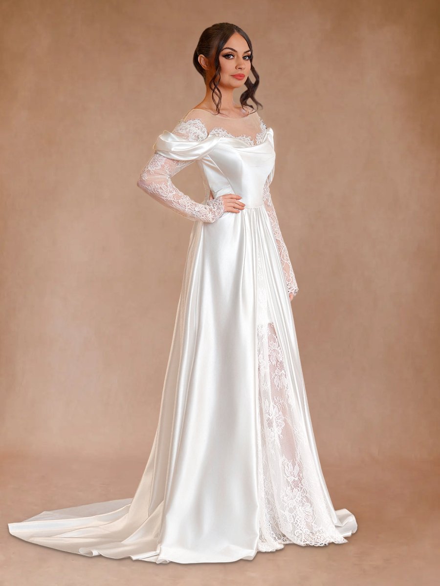 Mermaid Off-the-Shoulder Satin Lace Wedding Dress with Slit