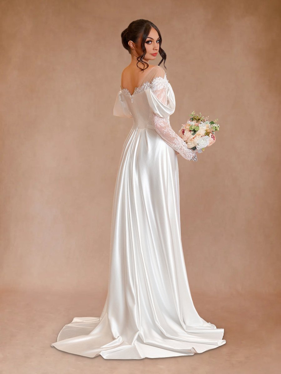 Mermaid Off-the-Shoulder Satin Lace Wedding Dress with Slit