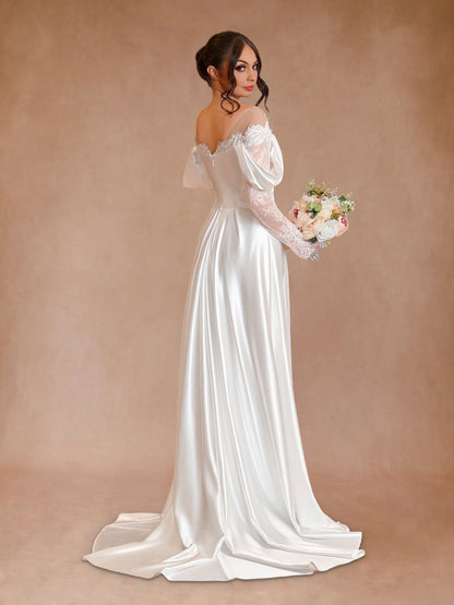 Mermaid Off-the-Shoulder Satin Lace Wedding Dress with Slit