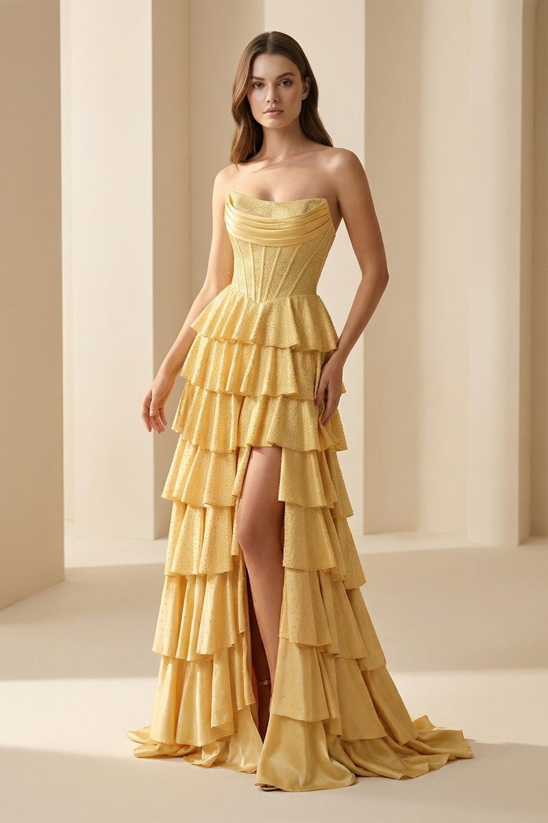 Strapless A Line Satin Ruffled Long Formal Prom Dresses With Beading
