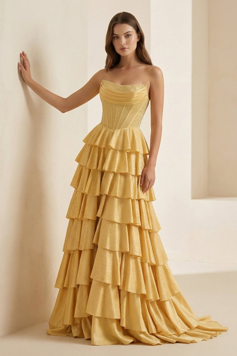 Strapless A Line Satin Ruffled Long Formal Prom Dresses With Beading