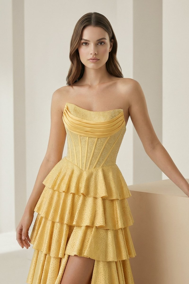Strapless A Line Satin Ruffled Long Formal Prom Dresses With Beading