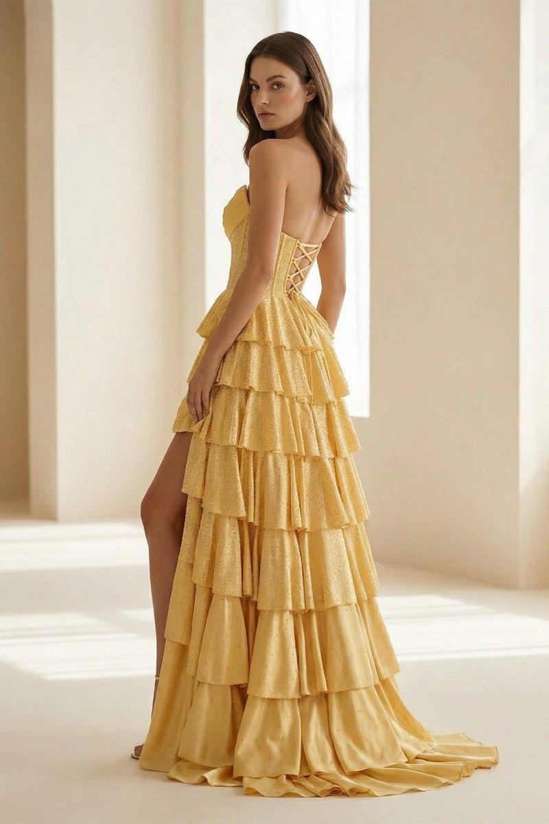 Strapless A Line Satin Ruffled Long Formal Prom Dresses With Beading