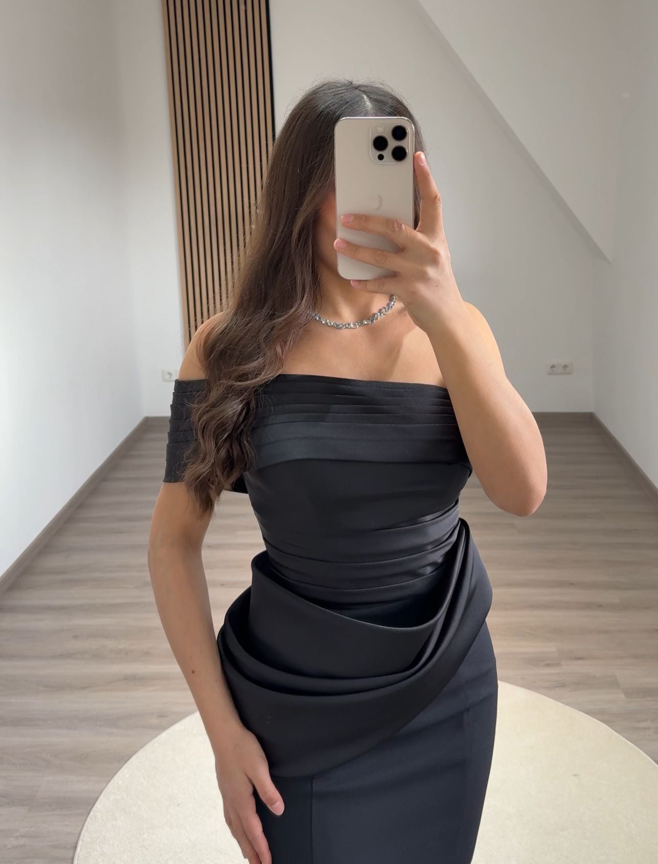 Off-Shoulder Pearls Satin Evening Dress