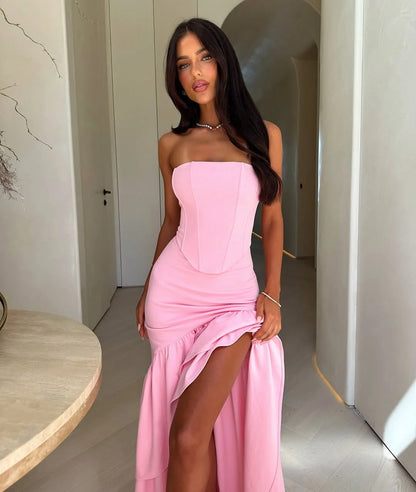 Lovely Candy Pink Lace-up Ruffles Split Prom Dress