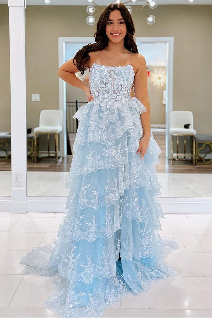A-Line Strapless Light Blue Sequins Tulle Long Prom Dress