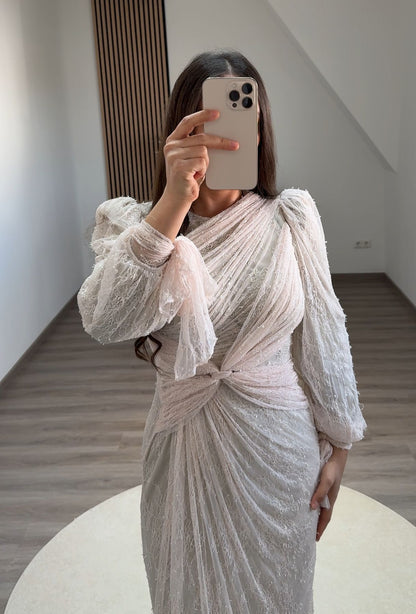 Long Sleves V-Neck Ruched Evening Dress