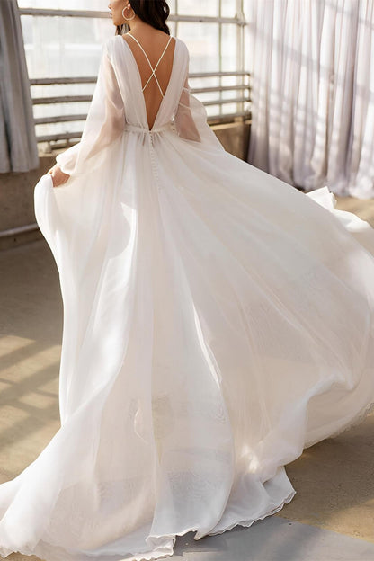 Long-Sleeves Tulle Pleated Sheer A-Line Wedding Dress with Train
