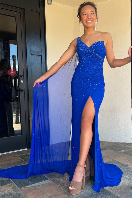 Charming Mermaid One Shoulder Royal Blue Chiffon Long Prom Dress