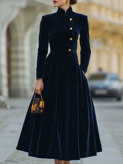 Luxe Navy Velvet A-Line Dress With Gold Accents
