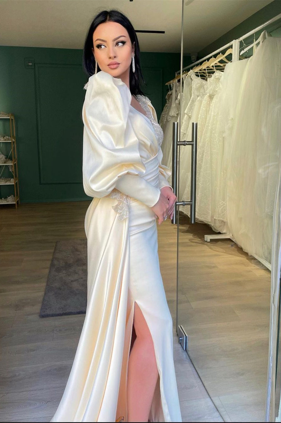 Long Puff Sleeves Pleated Mermaid Split Prom Dress