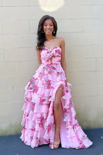 Fairy A Line Pink Chiffon Floral Print Satin Prom Dress with Slit
