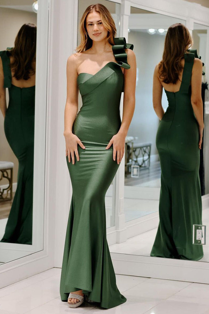 Mermaid One Shoulder Dark Green Satin Long Prom Dress