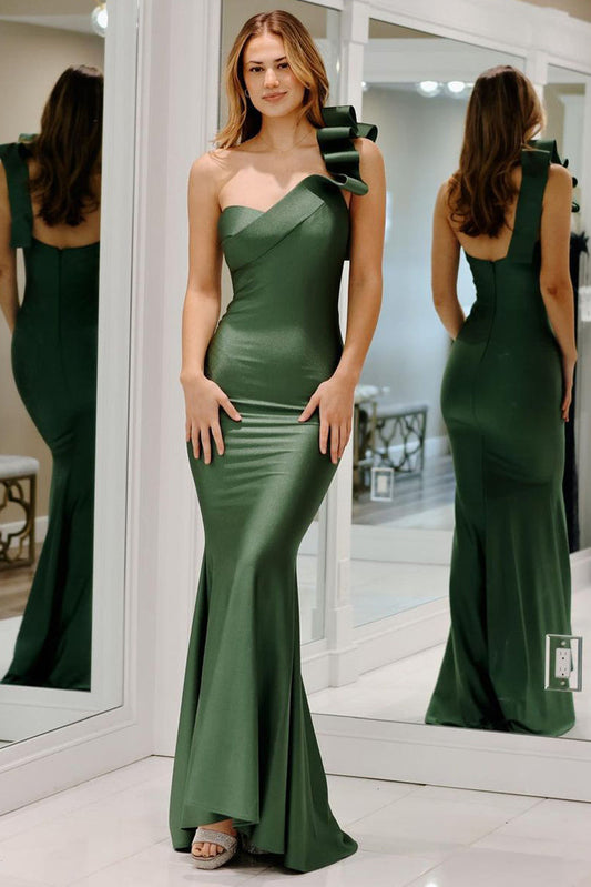 Mermaid One Shoulder Dark Green Satin Long Prom Dress