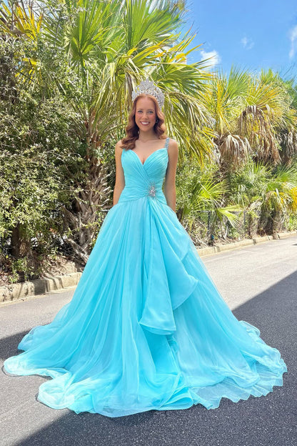 Gorgeous A Line V Neck Aqua Chiffon Long Prom Dress
