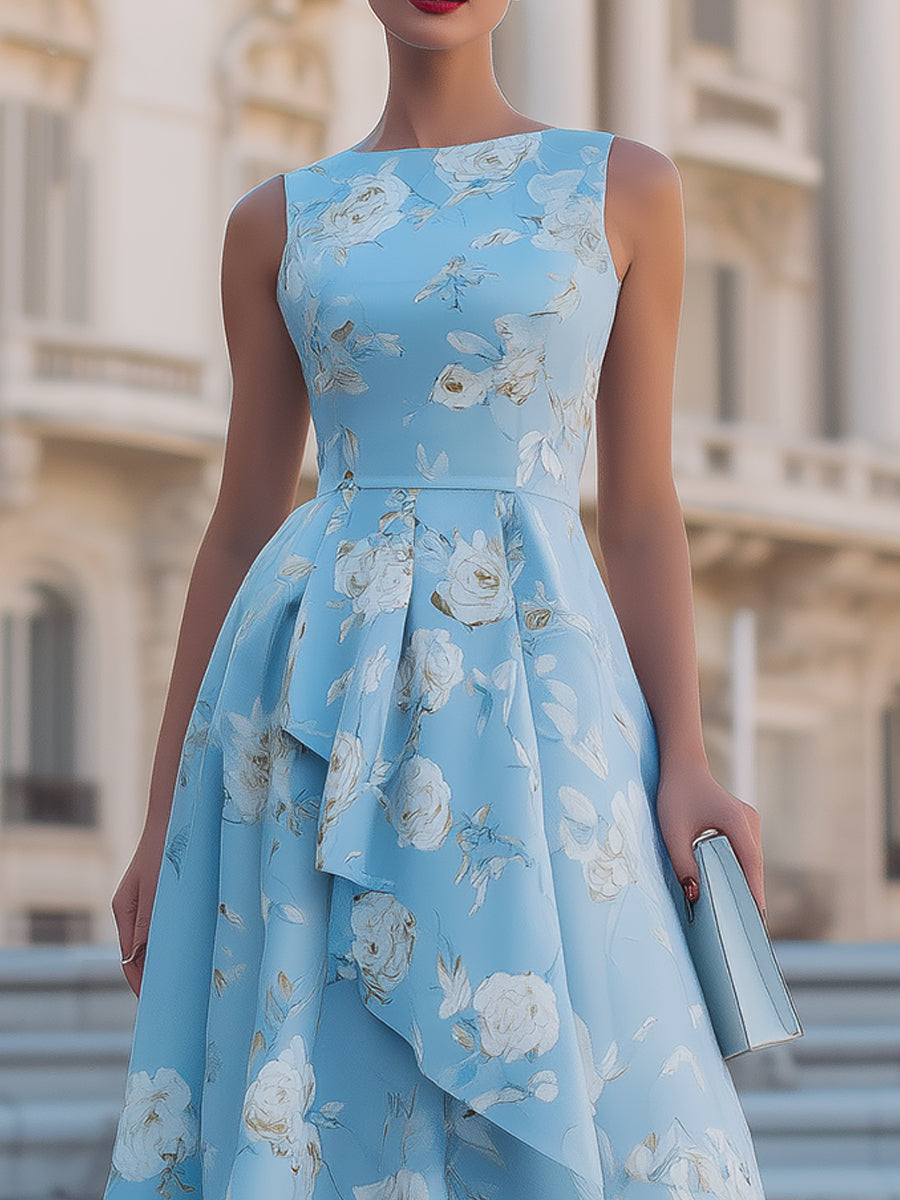 Sky Blue Floral Print Sleeveless Draped Fit-and-Flare Midi Dress