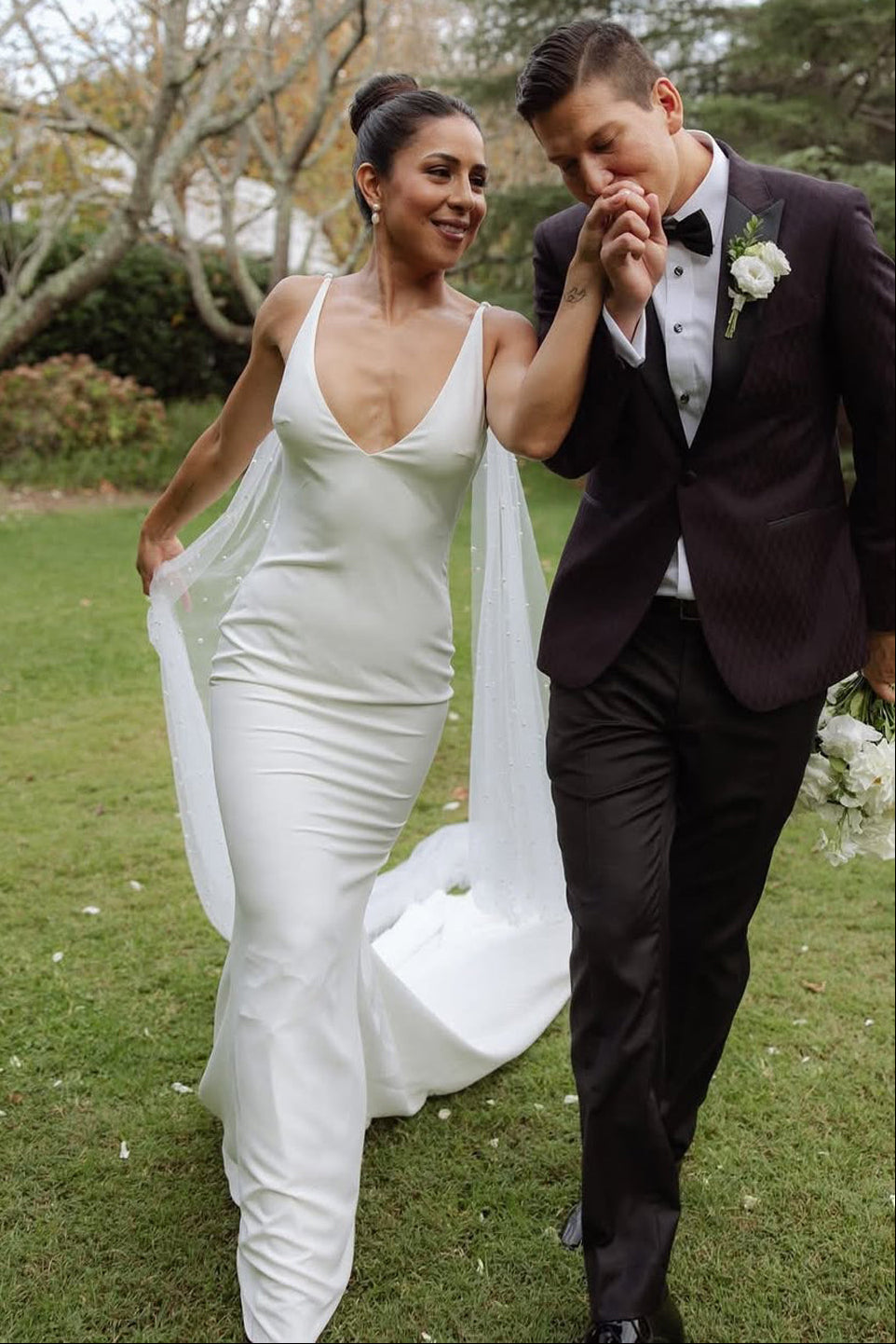 Elegant Mermaid V Neck Elastic Satin Long Wedding Dress