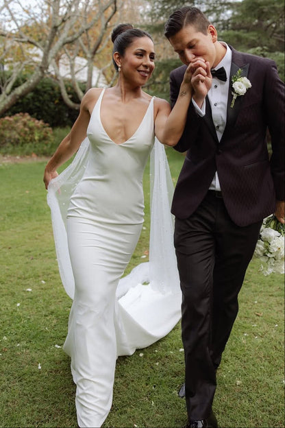 Elegant Mermaid V Neck Elastic Satin Long Wedding Dress