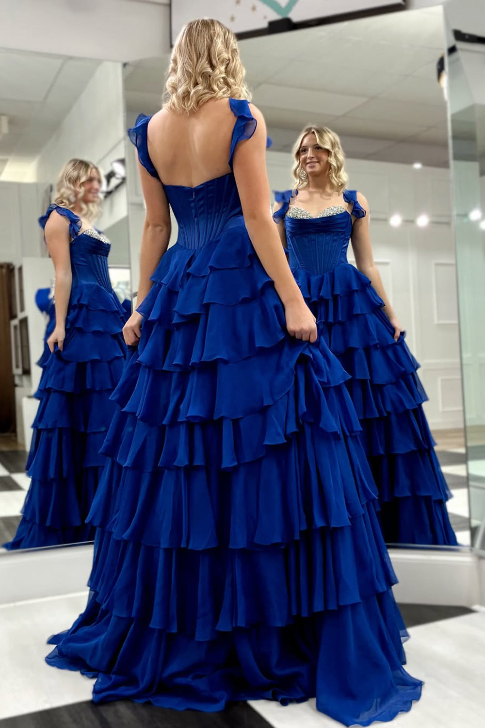 Cute A-Line Sweetheart Royal Blue Chiffon Long Tiered Prom Dress